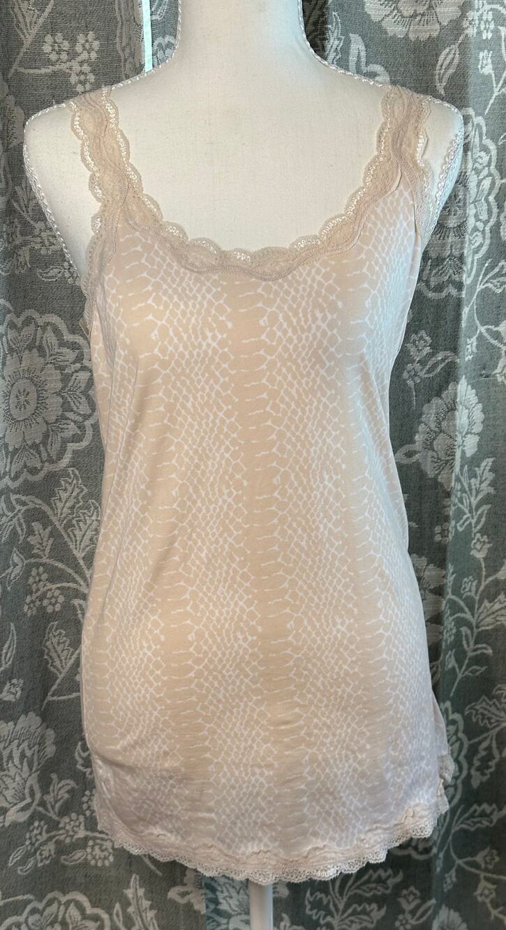 Calvin Klein L pinkish beige lace trim chemise slip dress cotton snakeskin print